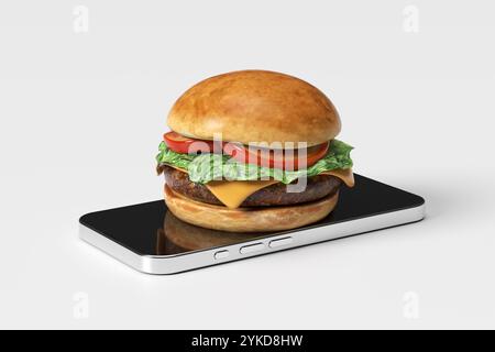 Hamburger juteux allongé sur un smartphone, représentant les services de commande et de livraison de nourriture en ligne. Rendu 3D. Banque D'Images