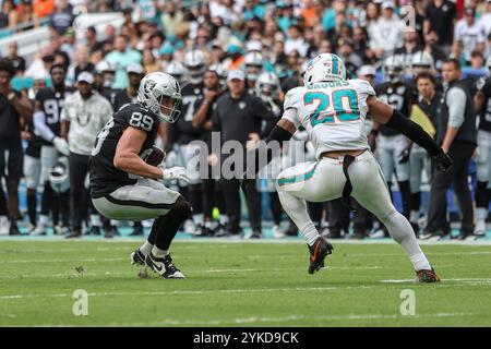 Miami Gardens, FL USA ; Las Vegas Raiders Tight End Brock Bowers (89 ans) fait une réception et se retourne pour courir avec le ballon avant d'être attaqué par le linebacker des Miami Dolphins Jordyn Brooks (20 ans) lors d'un match de la NFL le dimanche 17 novembre 2024 au Hard Rock Stadium. Les Dolphins ont battu les Raiders 34-19. (Kim Hukari/image du sport) Banque D'Images