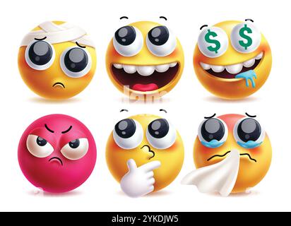 Jeu de caractères vectoriels emoji maux de tête. Clip art expressions faciales dans la douleur, heureux, riche, en colère, curieux et éternuement icône jaune emojis design graphique Illustration de Vecteur