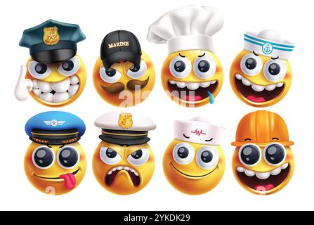 Jeu vectoriel de personnages de profession emoji. Emojis personnage de travail comme la police, marine, chef, marin, pilote, capitaine, chirurgien et ingénieur portant un chapeau Illustration de Vecteur