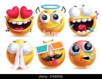 Jeu de caractères vectoriels emoji plaidant. Emojis clip art personnage comme ange et adulte avec des éléments d'icône jaune dans l'amour, gentil, chantant, bavardant. Illustration de Vecteur