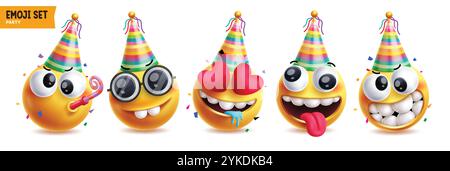 Jeu de caractères vectoriels emoji joyeux anniversaire. Emojis d'anniversaire portant costume de chapeau arc-en-ciel dans soufflage, drôle, dans l'amour, bavure, goofy et mignons visages Illustration de Vecteur