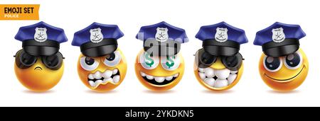 Jeu de caractères vectoriels emoji officier de police. personnage de policier emojis 3d portant des éléments de casquette avec des expressions faciales sérieuses, en colère, riches, drôles Illustration de Vecteur