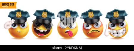 Jeu de caractères vectoriels emoji profession de police. Emojis policier portant des éléments de casquette avec des expressions faciales comme saluer, rire, fatigué, en colère Illustration de Vecteur