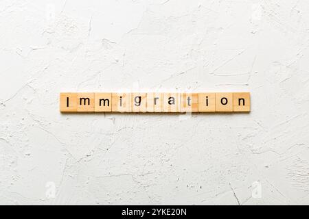 mot d'immigration écrit sur bloc de bois. texte d'immigration sur table, concept. Banque D'Images