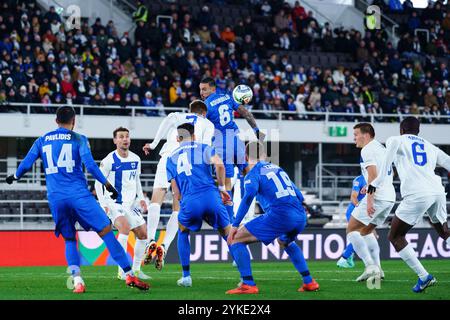 Helsinki, Finlande. 17 novembre 2024. Dimitris Kourbelis de Grèce lors du match de l'UEFA Nations League opposant la Finlande à la Grèce au stade olympique d'Helsinki, Helsinki, Finlande, le 17 novembre 2024. Crédit : Ivan Badanin/Alamy Live News. Non destiné à un usage commercial. Banque D'Images