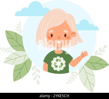 Écologie mode de vie. Joyeuse fille blonde dans des vêtements à la mode à partir de matériaux recyclés. Vêtements écologiques mode durable. Recyclage et environnement Illustration de Vecteur