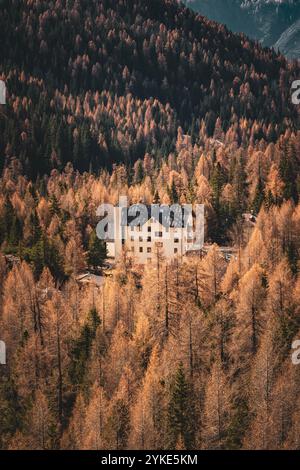 Blick vom Passo Falzarego, einem Dolomitenpass in der Region Venetien in der Provinz Belluno, und die herstlichen Lärchenwälder in Südtirol am 09.11.2024. // vue depuis le Passo Falzarego, un col des Dolomites dans la région de Vénétie dans la province de Belluno, et les forêts de mélèzes d'automne dans le Tyrol du Sud le 9 novembre 2024. - 20241109 PD20596 crédit : APA-PictureDesk/Alamy Live News Banque D'Images