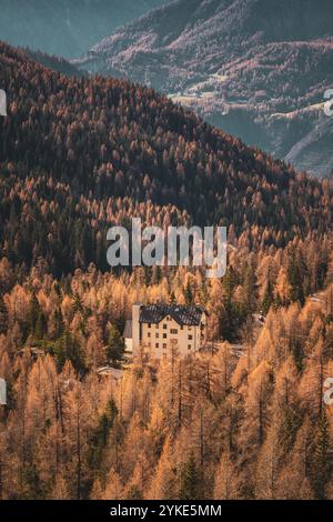 Blick vom Passo Falzarego, einem Dolomitenpass in der Region Venetien in der Provinz Belluno, und die herstlichen Lärchenwälder in Südtirol am 09.11.2024. // vue depuis le Passo Falzarego, un col des Dolomites dans la région de Vénétie dans la province de Belluno, et les forêts de mélèzes d'automne dans le Tyrol du Sud le 9 novembre 2024. - 20241109 PD20594 crédit : APA-PictureDesk/Alamy Live News Banque D'Images