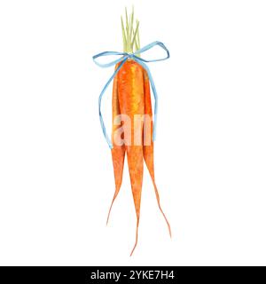 Composition de l'aquarelle recueillie dans un bouquet de trois carottes et attachée avec des arcs. Joyeuses Pâques Banque D'Images