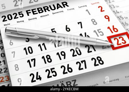 Calendrier allemand 2025 février 23 lundi mardi mercredi jeudi vendredi samedi dimanche semaine Banque D'Images