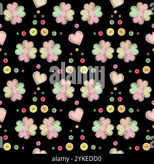 Modèle sans couture avec tissu Lucky trèfle, boutons et rythmes. Motif de couture sur noir. Illustration d'aquarelle dessinée à la main. Banque D'Images