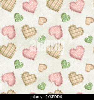 Modèle sans couture avec des coeurs en tissu sur fond d'aquarelle verte. Clipart de couture. Illustration d'aquarelle dessinée à la main Banque D'Images