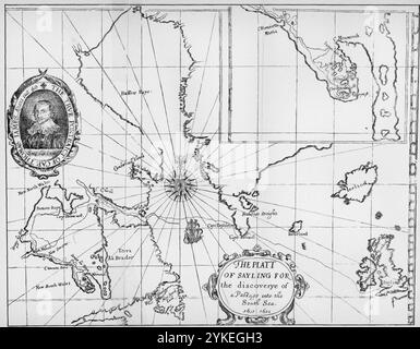 Carte de Thomas James appelée le Platt de Sayling pour la découverte d'Un passage dans la mer du Sud 1631-1632 le titre de cette carte indique clairement l'intention du voyage en Amérique du Nord entrepris par le capitaine James. Il entra dans la baie d’Hudson pour chercher et, espérons-le, découvrir un passage menant vers l’ouest dans l’océan occidental (ou austral). Son but n'a pas été atteint. James montre sur sa carte l'arène plus large de l'exploration dans la quête du passage du Nord-Ouest, en incluant les régions septentrionales du bassin Foxe, du détroit de Davis et de la baie de Baffin. Au cours de sa tentative, il a clarifié le Banque D'Images