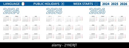 Modèle de calendrier simple en italien pour 2024, 2025, 2026 ans. La semaine commence à partir du lundi. Illustration vectorielle. Illustration de Vecteur