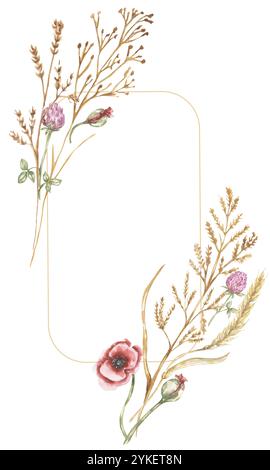 Fleur de trèfle aquarelle, illustration de cadre de bouquet de pavot et de flore séchée, bordure d'arrangement d'herbier dessinée à la main Banque D'Images