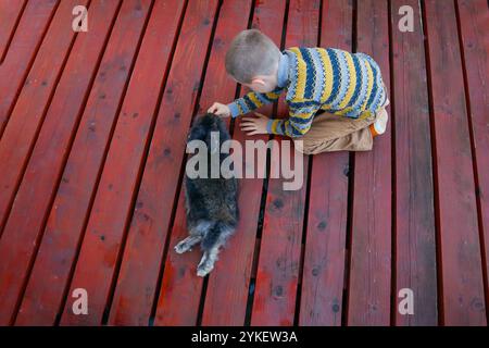 Garçon nourrissant des fruits frais de lapin sur la terrasse Banque D'Images