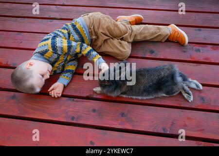 Un petit garçon est allongé à côté d'un lapin sur un plancher en bois Banque D'Images