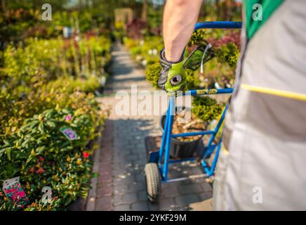 Un jardinier pousse un chariot rempli de plantes dans une pépinière luxuriante, entouré d'une variété de fleurs colorées et de verdure par une journée lumineuse. Banque D'Images