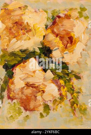 Cette peinture à la main vibrante et texturée met en valeur un bouquet impressionniste de fleurs sur papier utilisant des traits de peinture audacieux et une palette de couleurs chaudes. Banque D'Images