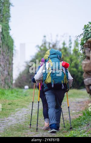 Une paire de randonneurs trek le long d'un sentier vert, équipé de grands sacs à dos et bâtons de randonnée, entouré d'un feuillage luxuriant, l'extérieur fournit un bac serein Banque D'Images