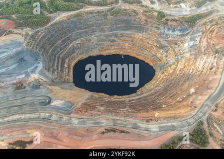 Une photographie aérienne capture les vastes terrains colorés de la mine Rio Tinto, mettant en valeur la fosse profonde remplie d'eau et les couches géologiques Banque D'Images