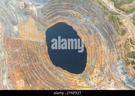 Superbe prise de vue aérienne capturant l'immense échelle de la mine Rio Tinto avec des strates colorées et un étang d'eau sombre profond à Huelva, en Espagne. Banque D'Images