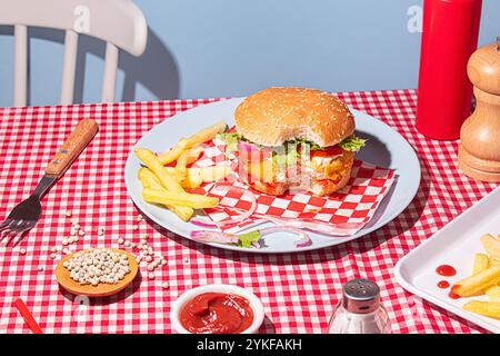 Un hamburger de poulet juteux avec une bouchée retirée, présentant des couches de poulet croustillant, laitue fraîche, tranches de tomate, servi avec des frites sur un damier rouge Banque D'Images