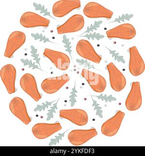 Steaks de saumon, lavettes de roquette et divers grains de poivre texture de fond de cercle. Idée d'alimentation saine illustration vectorielle isolée carte thématique, affiche, bannière, dépliant, étiquette de prix, étiquette ou promo web Illustration de Vecteur