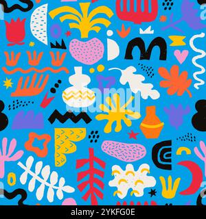 Motif sans couture abstrait avec des figures et des blobs de forme libre, illustration de crayon coloré dessinée à la main. Ensemble moderne d'autocollants vectoriels tendance de diverses plantes Illustration de Vecteur