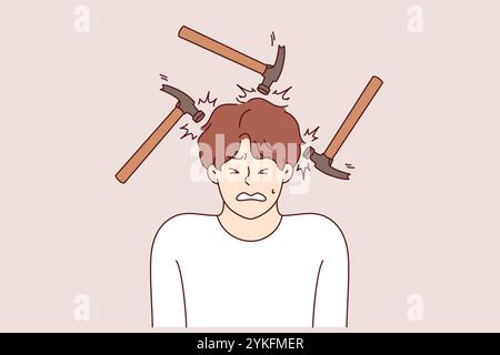 Maux de tête et migraines tourmentent l'homme faisant une grimace douloureuse, debout parmi les marteaux. Le problème des maux de tête causés par le stress et les voisins bruyants nécessite la prise d'antibiotiques et d'analgésiques Illustration de Vecteur