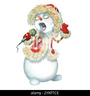 Scène de bonhomme de neige. Personnage isolé de bonhomme de neige mignon chantant inspiré. Clipart d'hiver festif drôle pour cartes, affiches, bannières, conception de vacances ou impression Banque D'Images