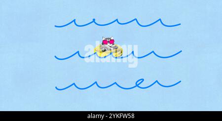 Collage d'art contemporain. Chat portant des lunettes de soleil roses flotte dans le cercle flottant jaune dans la mer bleue abstraite, avec des illustrations de vagues simples. Banque D'Images
