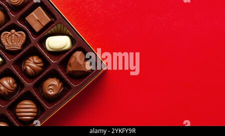 Vue de dessus de bonbons au chocolat assortis dans une boîte sur fond rouge. Banque D'Images