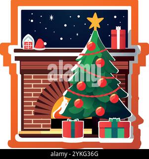 Arbre de Noël avec des cadeaux sur le fond de la cheminée Illustration de Vecteur