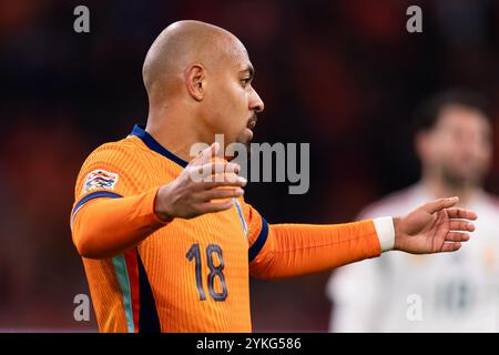 Amsterdam, pays-Bas. 16 novembre 2024. AMSTERDAM, PAYS-BAS - 16 NOVEMBRE : Donyell Malen, des pays-Bas, réagit lors du match du Groupe A3 de l'UEFA Ligue des Nations 2024/25 Ligue A entre les pays-Bas et la Hongrie à la Johan Cruijff Arena le 16 novembre 2024 à Amsterdam, pays-Bas. (Photo de Joris Verwijst/Orange Pictures) crédit : Orange pics BV/Alamy Live News Banque D'Images