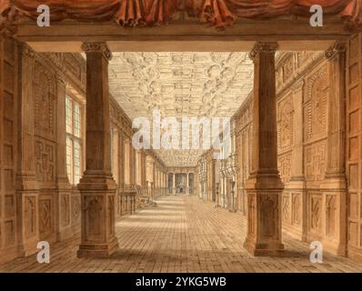 Innenansicht der Galerie von Hatfield House, einem Landhaus in einem großen Park, dem Great Park, auf der Ostseite der Stadt Hatfield, Hertfordshire, England, digital restaurierte Reproduktion eines Originals von John Buckler aus dem 19. Jahrhundert, Aufnahmedatum nicht angegeben, vue intérieure de la Galerie de Hatfield House, une maison de campagne située dans un grand parc, le Grand Parc, sur le côté est de la ville de Hatfield, reproduction numérisée restaurée d'un original du XIXe siècle, date de référence non indiquée Banque D'Images