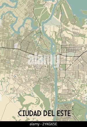 Ceci est une carte détaillée de Ciudad del Este, une ville du Paraguay. La carte est rendue dans un style minimaliste avec un fond beige Illustration de Vecteur