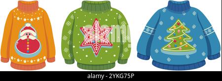Collection de chandails de Noël laides avec des motifs de Père Noël, bonhomme de neige, étoile et arbre de Noël. Illustrations colorées sur fond blanc Illustration de Vecteur