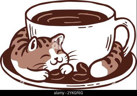 Chat mignon enroulé autour de la tasse à café Illustration de Vecteur