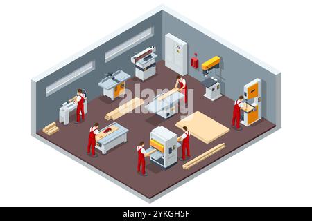Charpentier isométrique travaillant sur des machines à bois dans l'atelier de menuiserie. Machine à travailler le bois. Atelier de menuiserie. Outils pour le travail du bois Illustration de Vecteur
