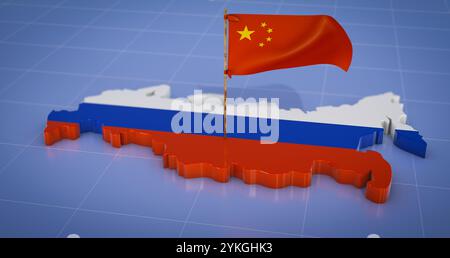 Carte volumétrique de la Russie et agitant le drapeau de la Chine gros plan. Rendu 3D. Banque D'Images