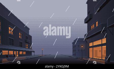 Temps pluvieux sur fond d'art pixel de route de banlieue. Illustration de paysage de quartier vectoriel avec pluie et extérieur du bâtiment. rétro 16 bits v Illustration de Vecteur