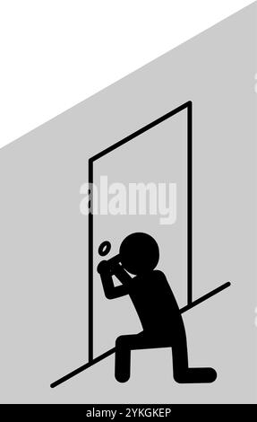 Personne suspecte cueillant la clé de la porte d'entrée dans l'obscurité, prévention du crime et sécurité à la maison icône isométrique noir et blanc, illustration vectorielle Illustration de Vecteur