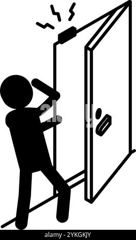 Personne suspecte surpris par l'alarme à la porte d'entrée, prévention du crime et sécurité à domicile icône isométrique noir et blanc, illustration vectorielle Illustration de Vecteur