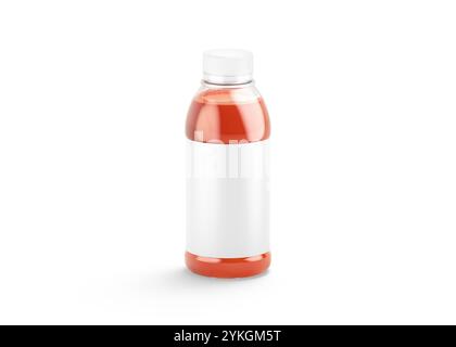 Bouteille de jus de tomate en plastique vierge de 16 oz avec maquette de marque blanche, rendu 3D. Videz la boisson aux tomates dans un petit pot jetable maquette, isolé, côté Banque D'Images