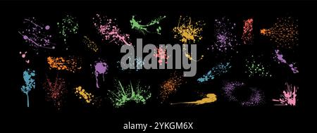 Pulvériser des gouttes de peinture, des taches d'encre de couleur ou des éclaboussures. Éclaboussures vectorielles, taches de graffiti ou taches d'encre avec effet de poussière. Taches de pinceau, gouttes d'encre, taches de liquide. Taches d'éclaboussure de grunge sales abstraites Illustration de Vecteur