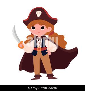 Fille pirate capitaine femelle avec les cheveux rouges et chapeau avec signe de crâne. Personnage de dessin animé vectoriel de jolies filles en costume de boucaneer Illustration de Vecteur