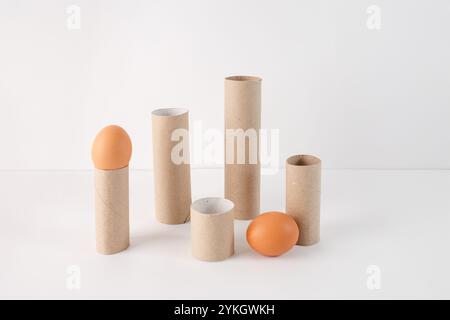 Rouleaux de carton et œufs bruns disposés sur un fond blanc. Photographie studio minimaliste pour la préparation artisanale de bricolage et les projets écologiques, Banque D'Images