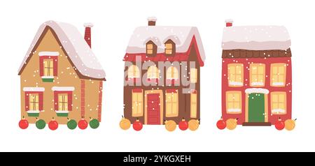 Maisons d'hiver avec toits enneigés scène festive. Trois maisons colorées décorées avec des flocons de neige et des ornements sur un fond blanc Illustration de Vecteur